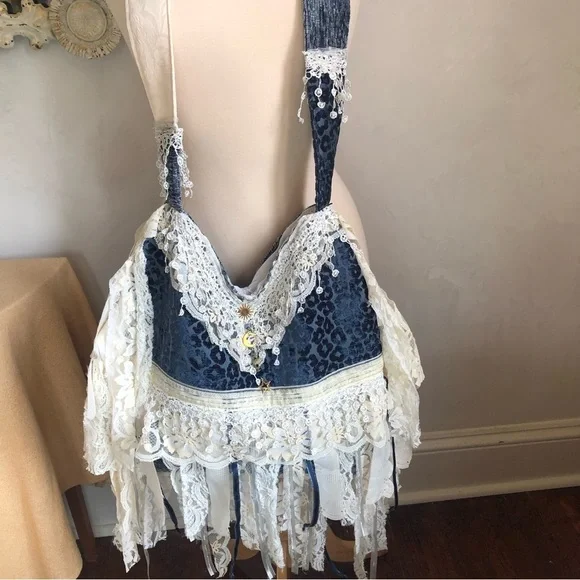 Bohemian Blue Animal Print Cross body Bag w/white lace,ribbon & blue aventurine